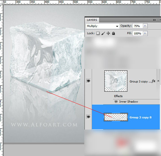 Ice cube 3D photoshop tools tutorial. 3D scene ice cube and cherry inside, ice txture effect in photoshop, ice reflection, 3D rendering, 3D light effects, realistic ice effectt, winterphotoshop  ideas